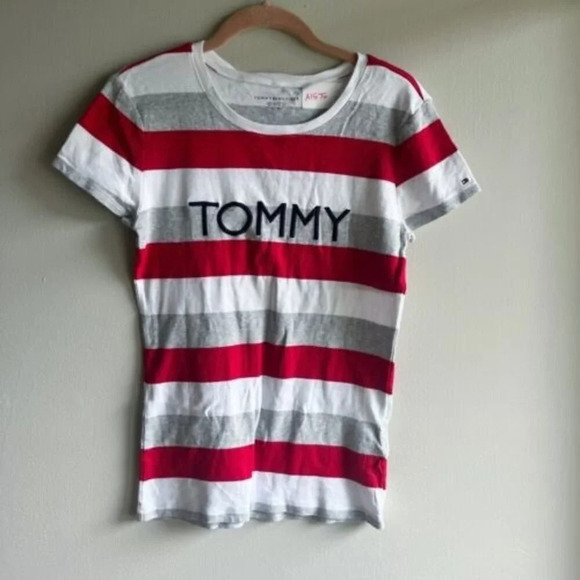 Tommy Hilfiger Women’s Striped T Shirt Large Embroidered Spell Out Stretch USA - Picture 4 of 10